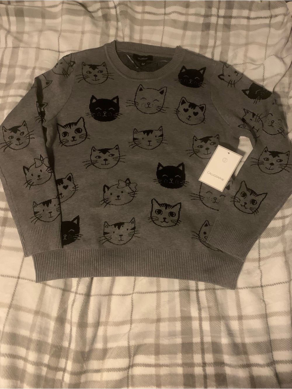 Gray Cat Pattern Crewneck Sweater